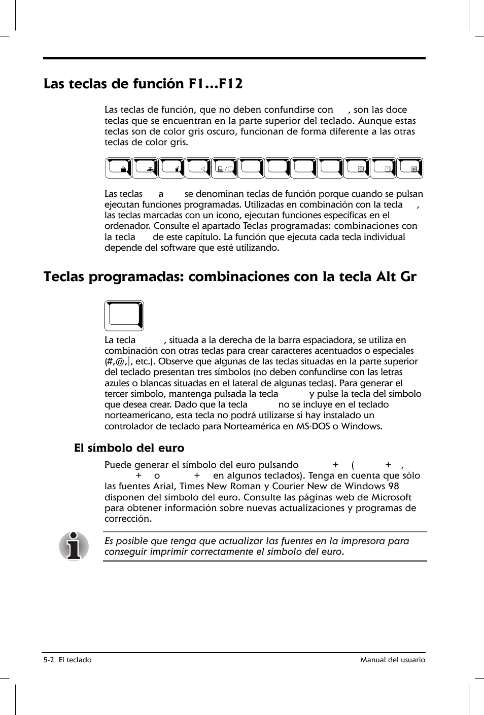 Las teclas de función f1…f12, El símbolo del euro | Toshiba Satellite 2650 User Manual | Page 71 / 222