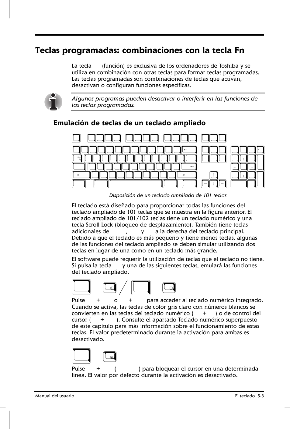 Teclas programadas: combinaciones con la tecla fn, Emulación de teclas de un teclado ampliado, Disposición de un teclado ampliado de 101 teclas | Manual del usuario el teclado 5-3 | Toshiba Satellite 2650 User Manual | Page 72 / 222