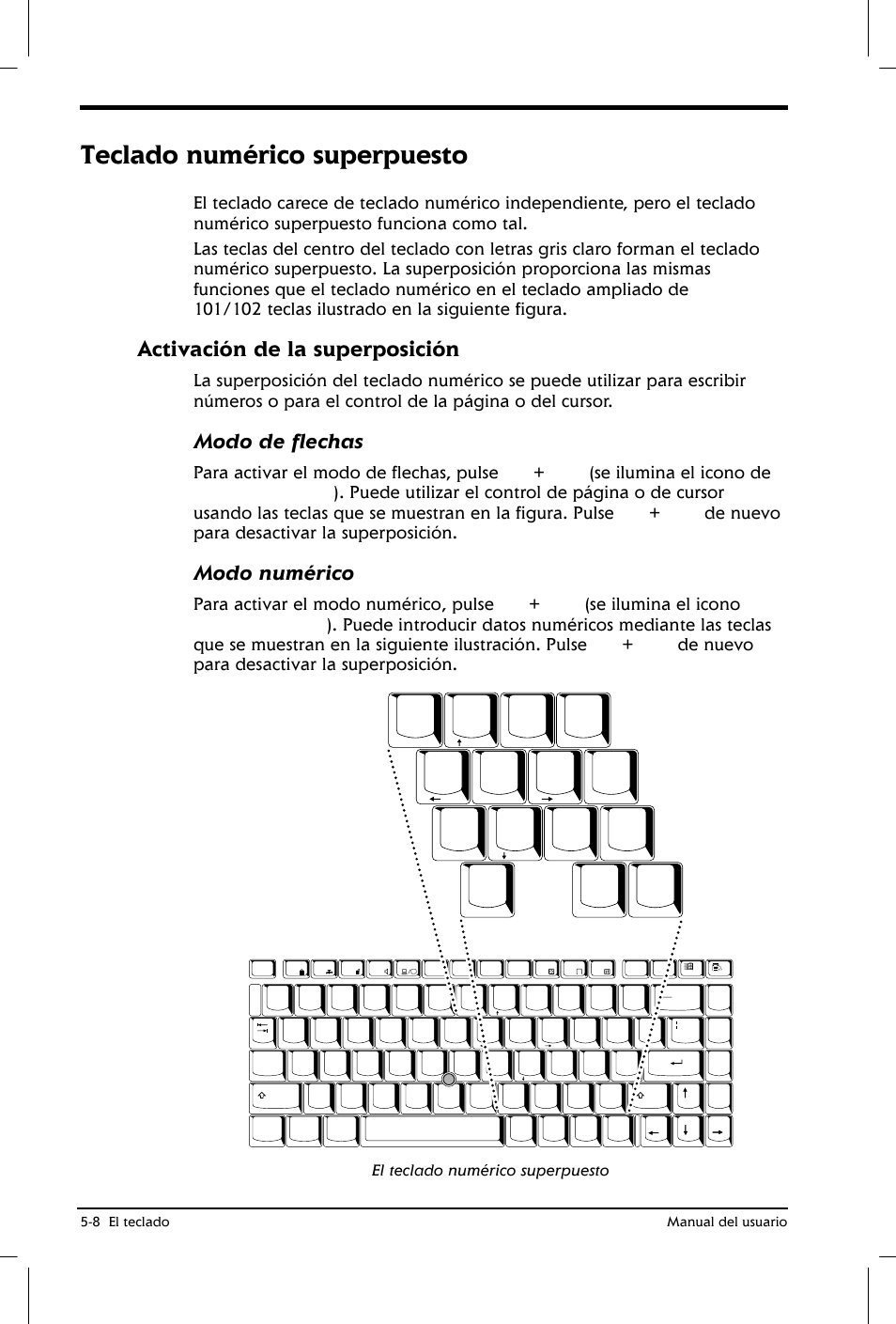 Teclado numérico superpuesto, Activación de la superposición, Modo de flechas | Modo numérico, El teclado numérico superpuesto, 8 el teclado manual del usuario | Toshiba Satellite 2650 User Manual | Page 77 / 222