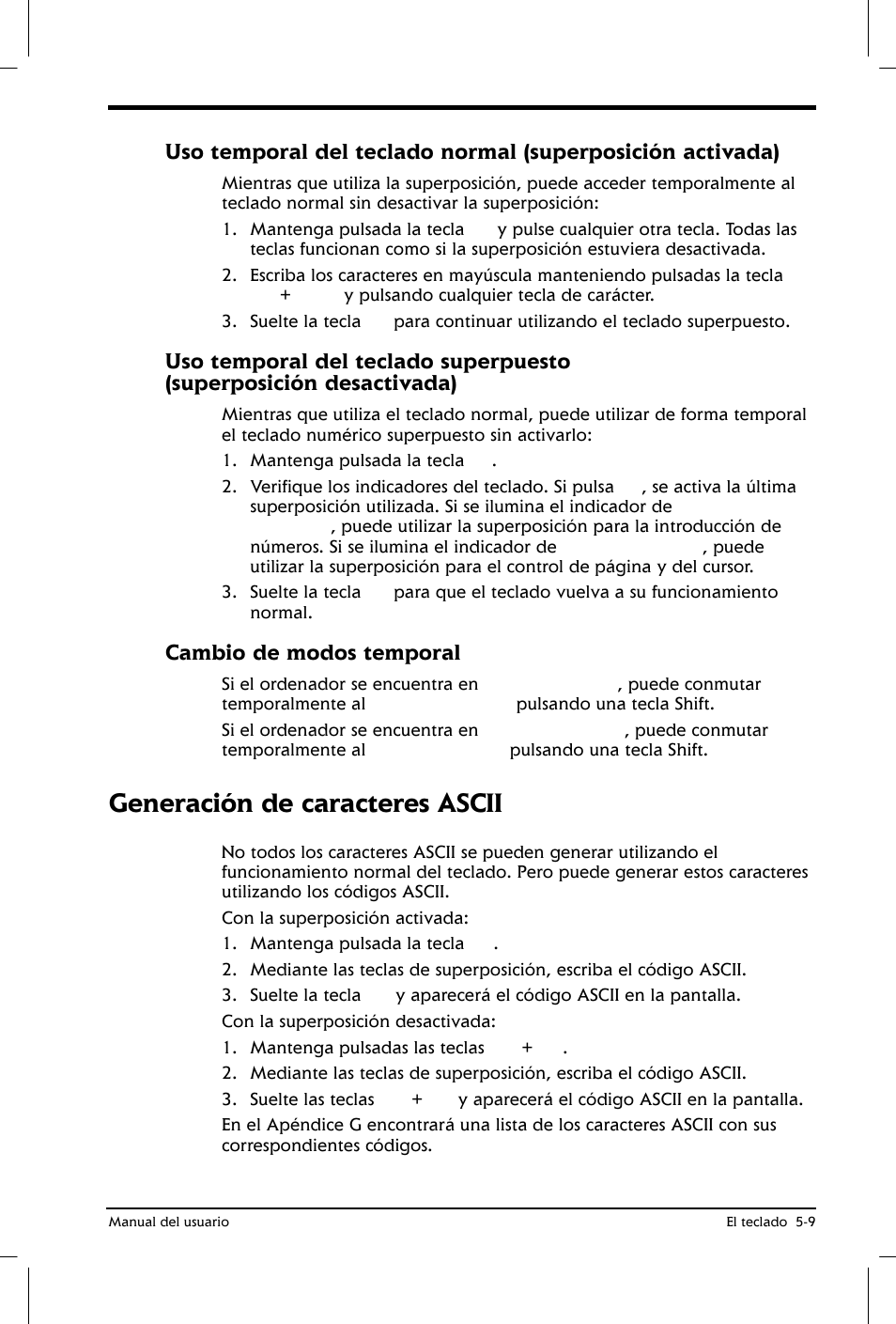 Generación de caracteres ascii, Cambio de modos temporal | Toshiba Satellite 2650 User Manual | Page 78 / 222