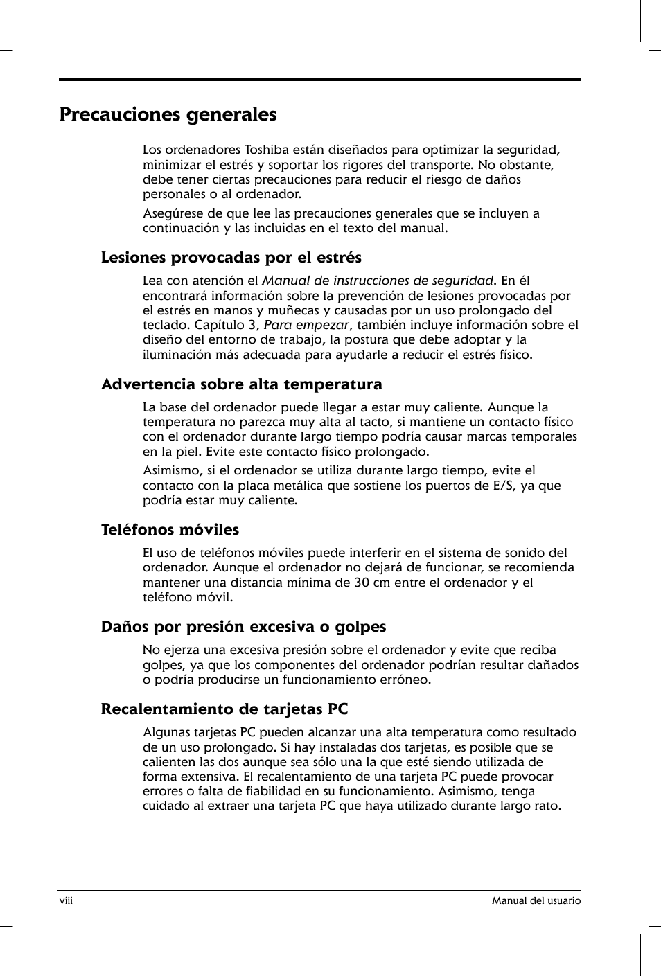 Precauciones generales | Toshiba Satellite 2650 User Manual | Page 8 / 222