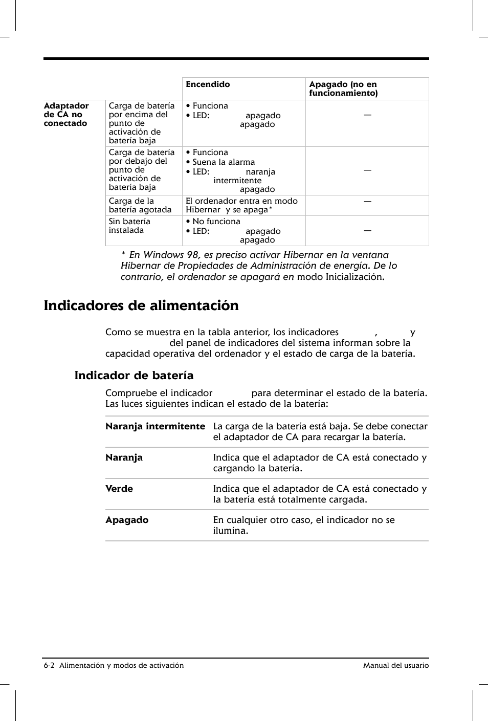 Indicadores de alimentación, Indicador de batería | Toshiba Satellite 2650 User Manual | Page 80 / 222