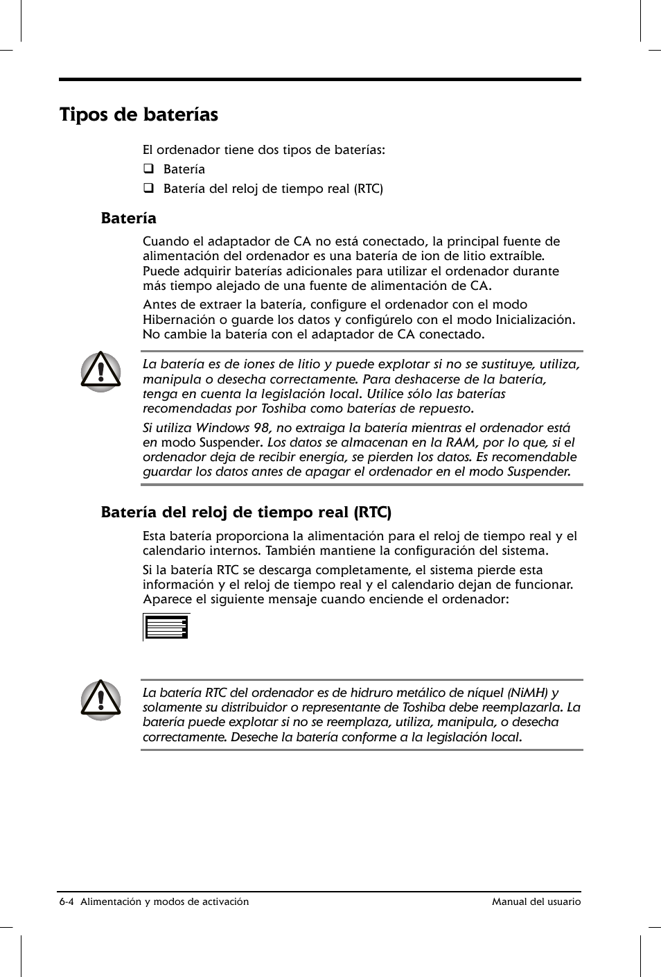 Tipos de baterías, Batería, Batería del reloj de tiempo real (rtc) | Toshiba Satellite 2650 User Manual | Page 82 / 222