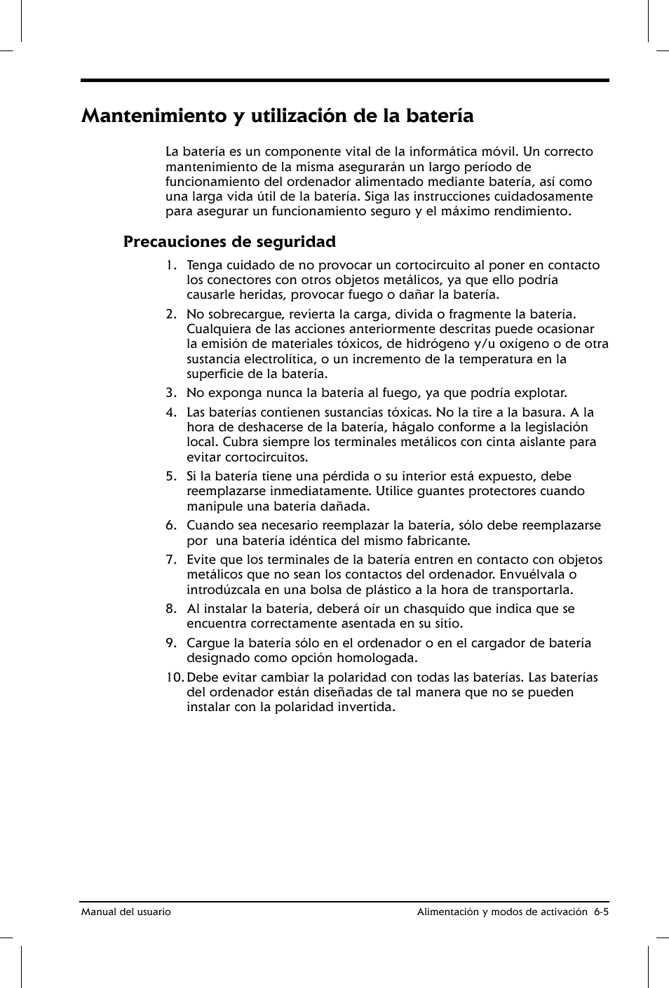 Mantenimiento y utilización de la batería, Precauciones de seguridad | Toshiba Satellite 2650 User Manual | Page 83 / 222