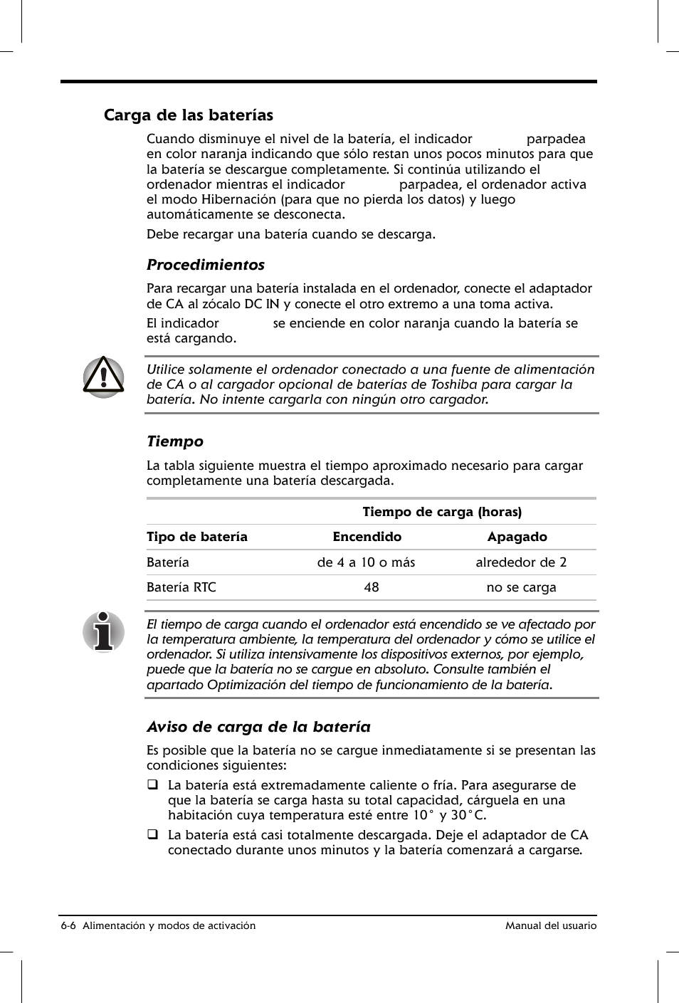 Carga de las baterías | Toshiba Satellite 2650 User Manual | Page 84 / 222