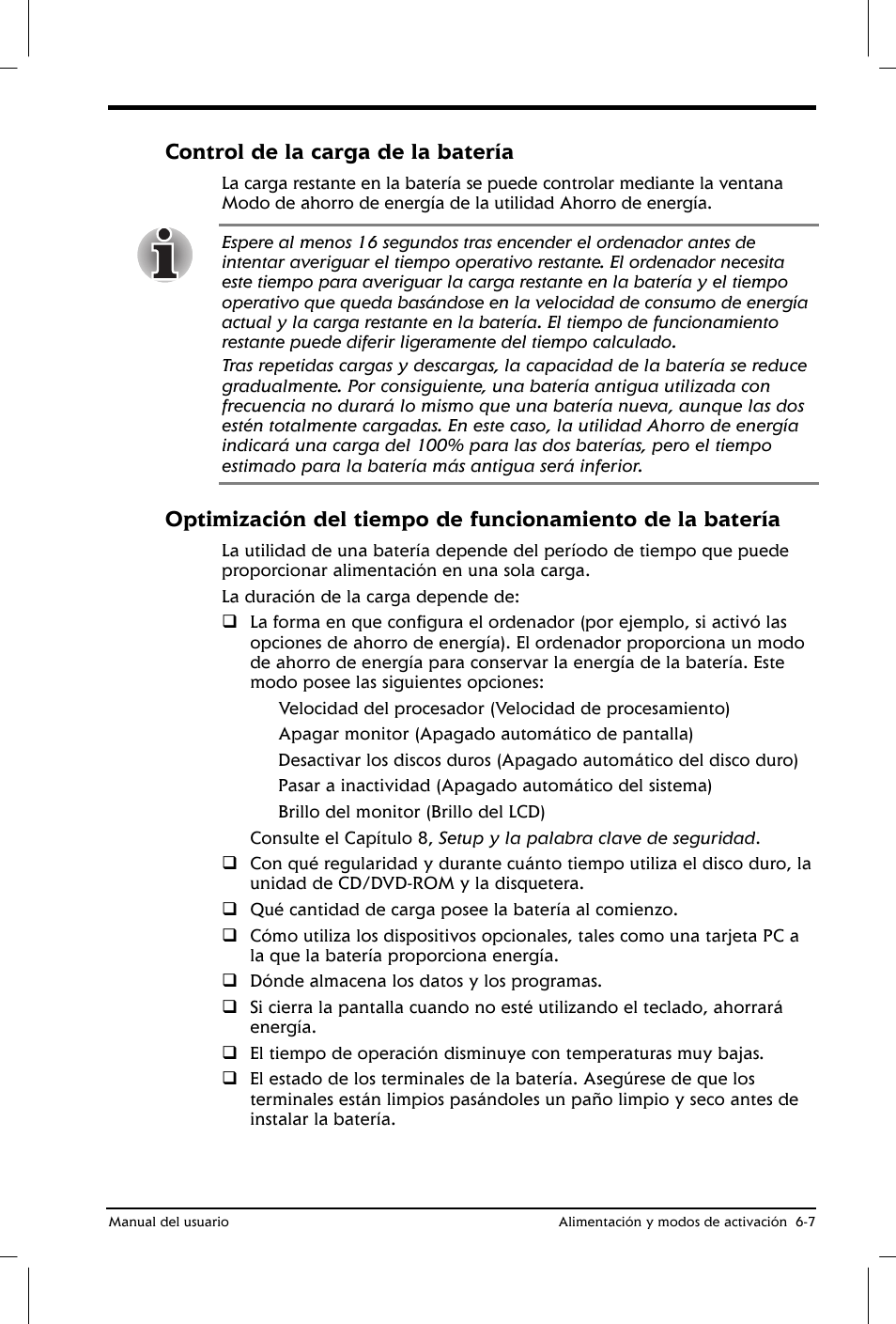 Control de la carga de la batería | Toshiba Satellite 2650 User Manual | Page 85 / 222