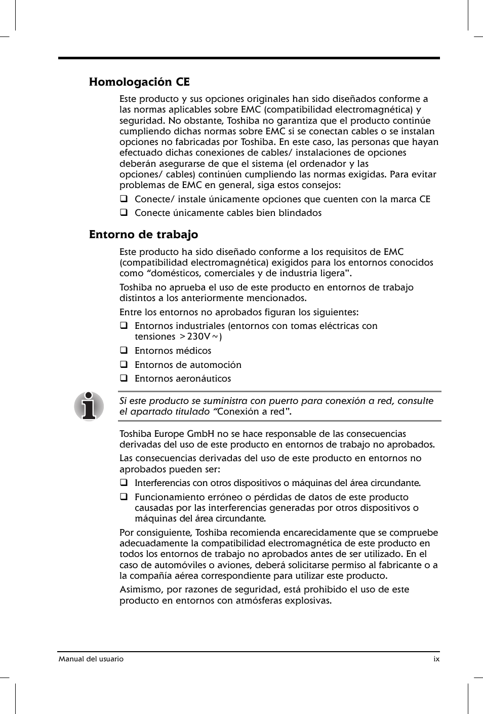 Homologación ce, Entorno de trabajo | Toshiba Satellite 2650 User Manual | Page 9 / 222