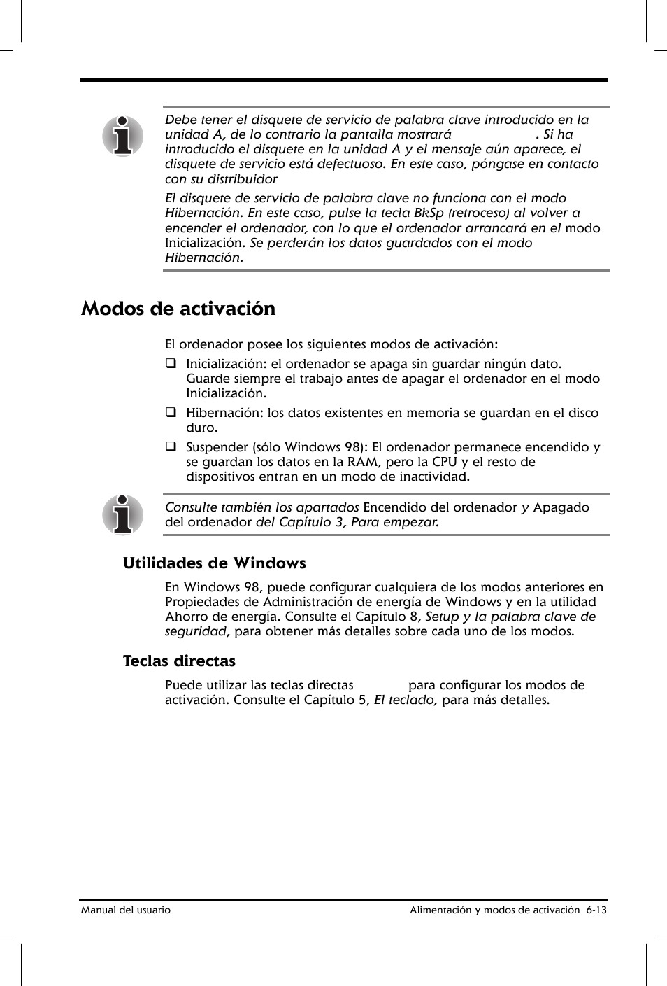 Modos de activación, Utilidades de windows, Teclas directas | Toshiba Satellite 2650 User Manual | Page 91 / 222