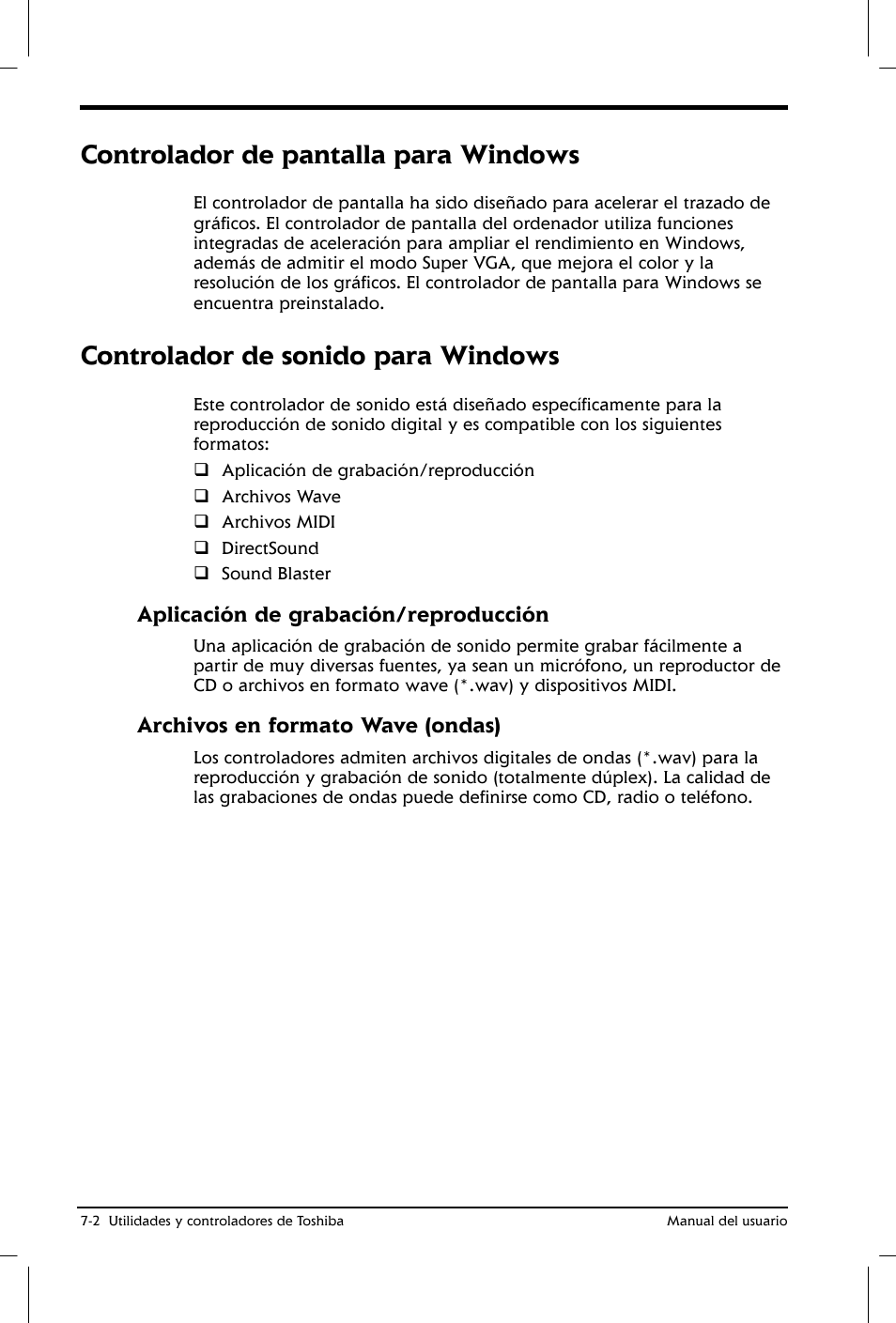 Controlador de pantalla para windows, Controlador de sonido para windows | Toshiba Satellite 2650 User Manual | Page 94 / 222