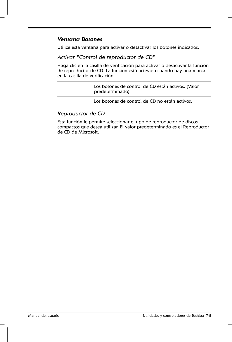 Ventana botones, Activar "control de reproductor de cd, Reproductor de cd | Toshiba Satellite 2650 User Manual | Page 97 / 222