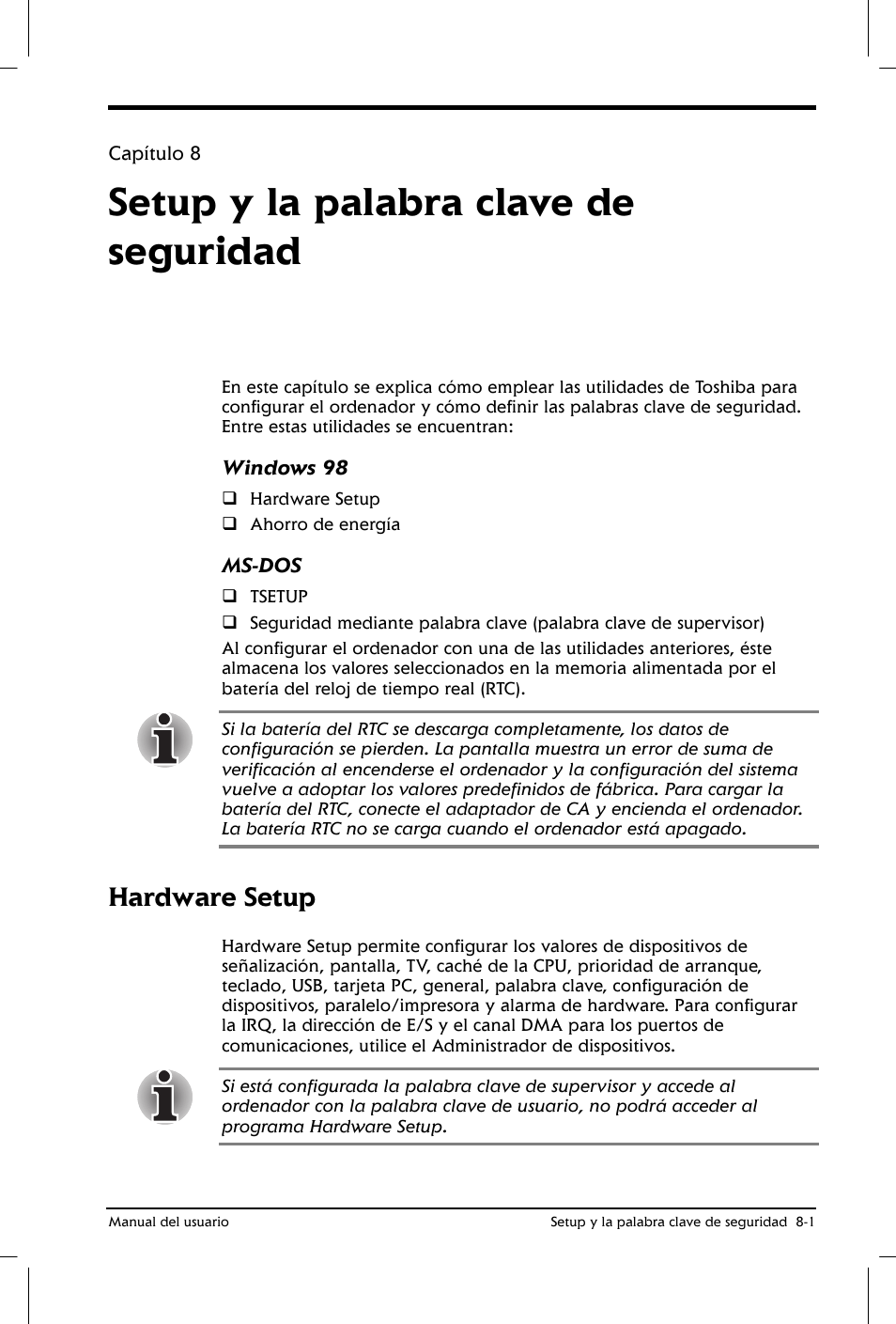 Setup y la palabra clave de seguridad, Hardware setup | Toshiba Satellite 2650 User Manual | Page 99 / 222