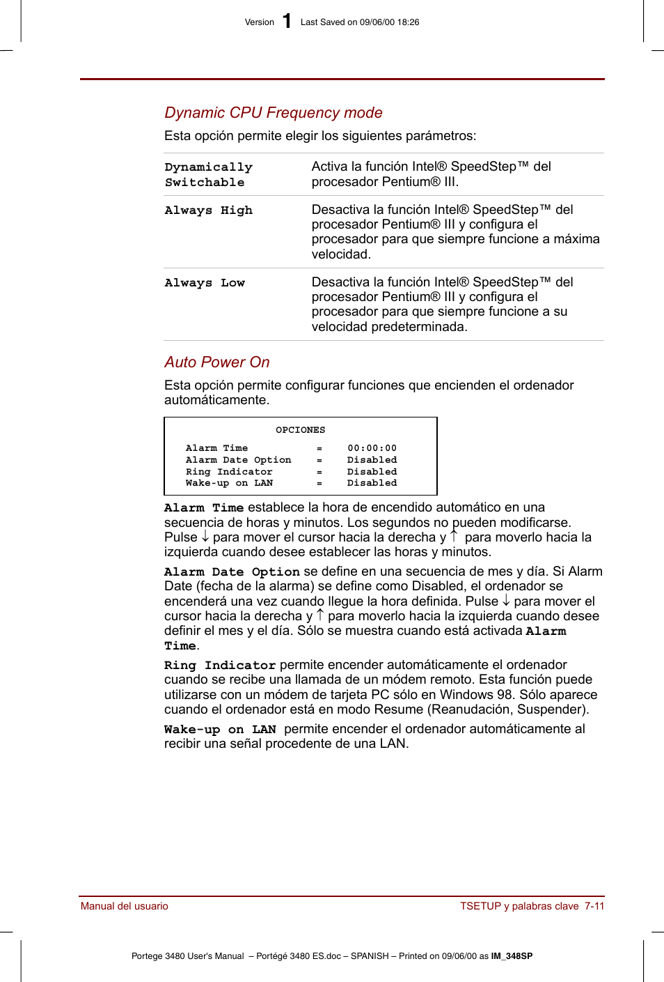 Dynamic cpu frequency mode, Auto power on | Toshiba Portege 3440 User Manual | Page 100 / 213