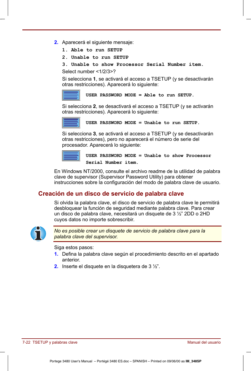 Creación de un disco de servicio de palabra clave | Toshiba Portege 3440 User Manual | Page 111 / 213