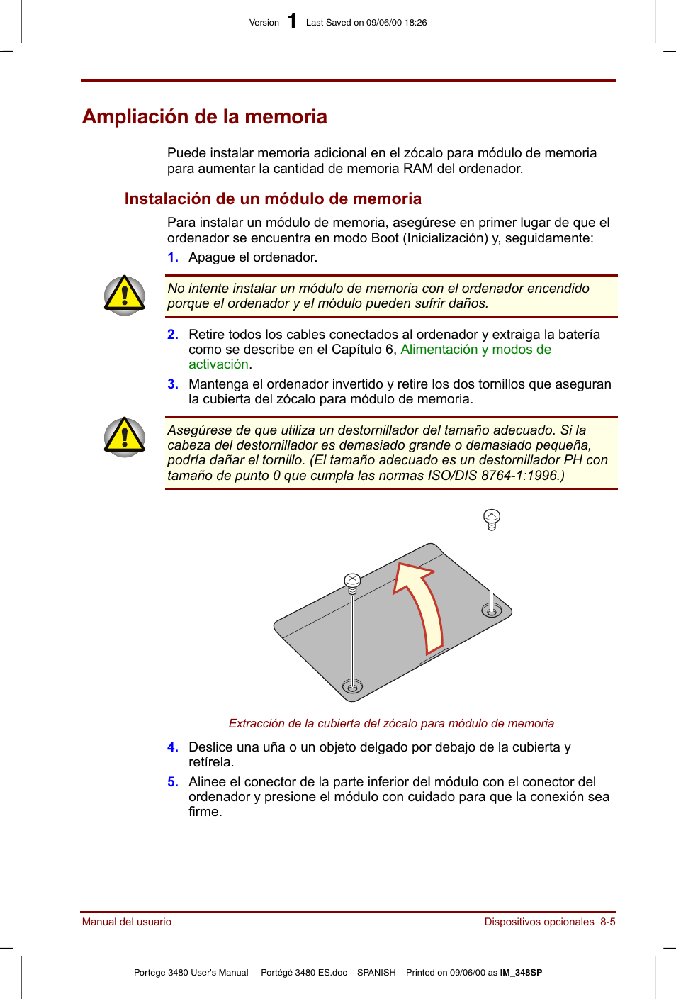 Ampliación de la memoria, Ampliación de la memoria -5, Instalación de un módulo de memoria -5 | Toshiba Portege 3440 User Manual | Page 117 / 213