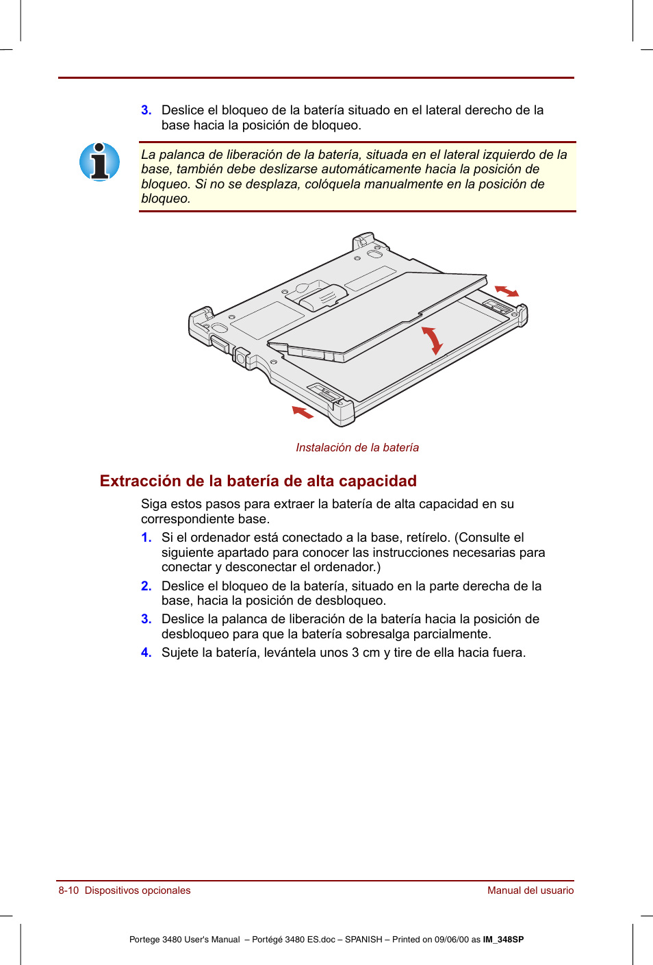 Extracción de la batería de alta capacidad -10, Extracción de la batería de alta capacidad | Toshiba Portege 3440 User Manual | Page 122 / 213