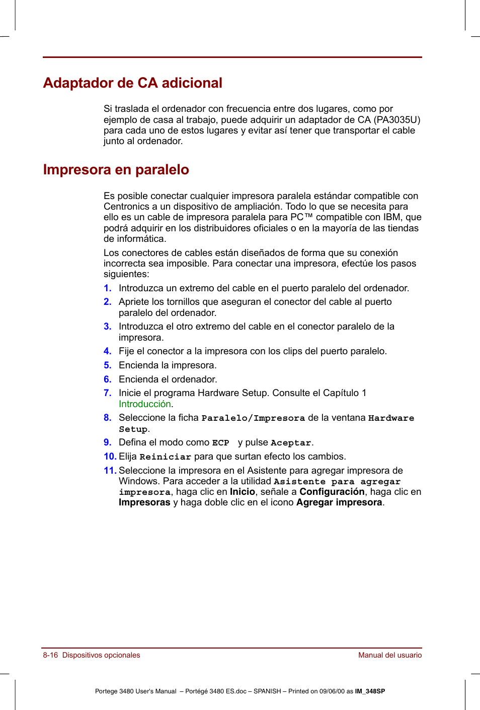 Adaptador de ca adicional, Impresora en paralelo | Toshiba Portege 3440 User Manual | Page 128 / 213