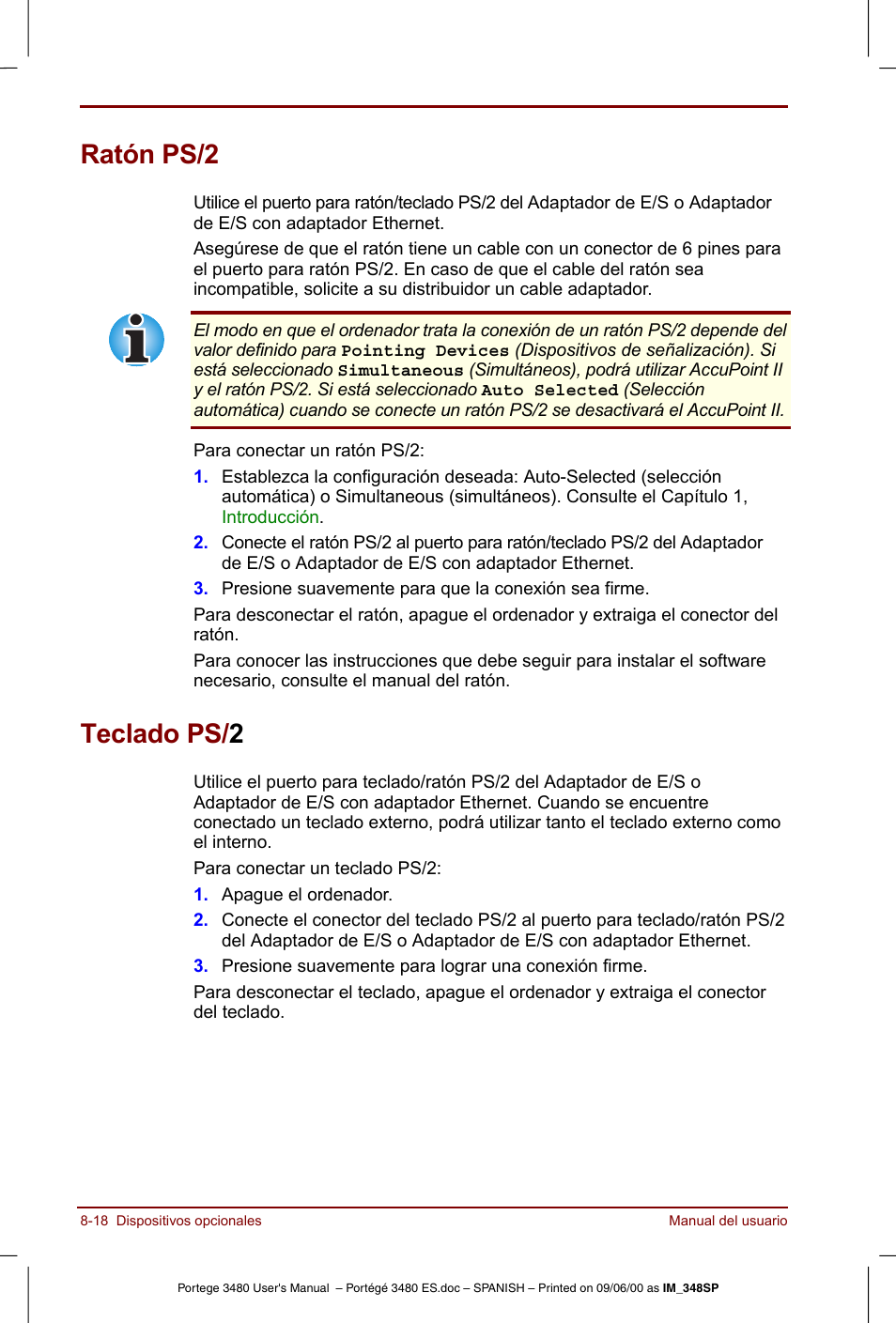 Ratón ps/2, Teclado ps/2, Ratón ps/2 -18 teclado ps/2 -18 | Teclado ps/ 2 | Toshiba Portege 3440 User Manual | Page 130 / 213