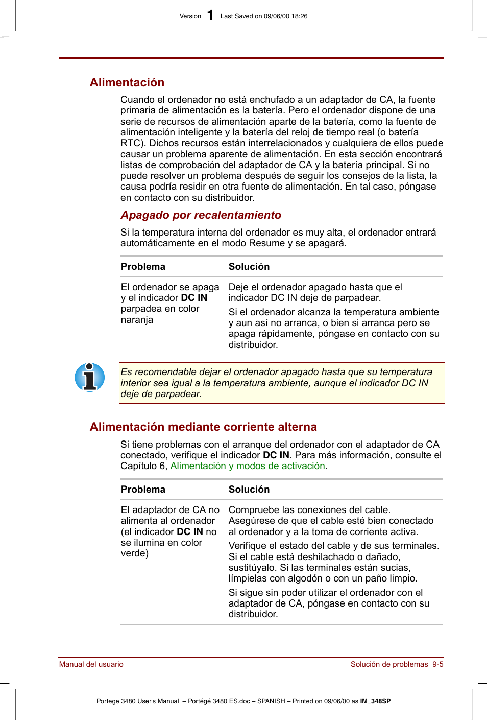 Alimentación, Alimentación mediante corriente alterna | Toshiba Portege 3440 User Manual | Page 136 / 213