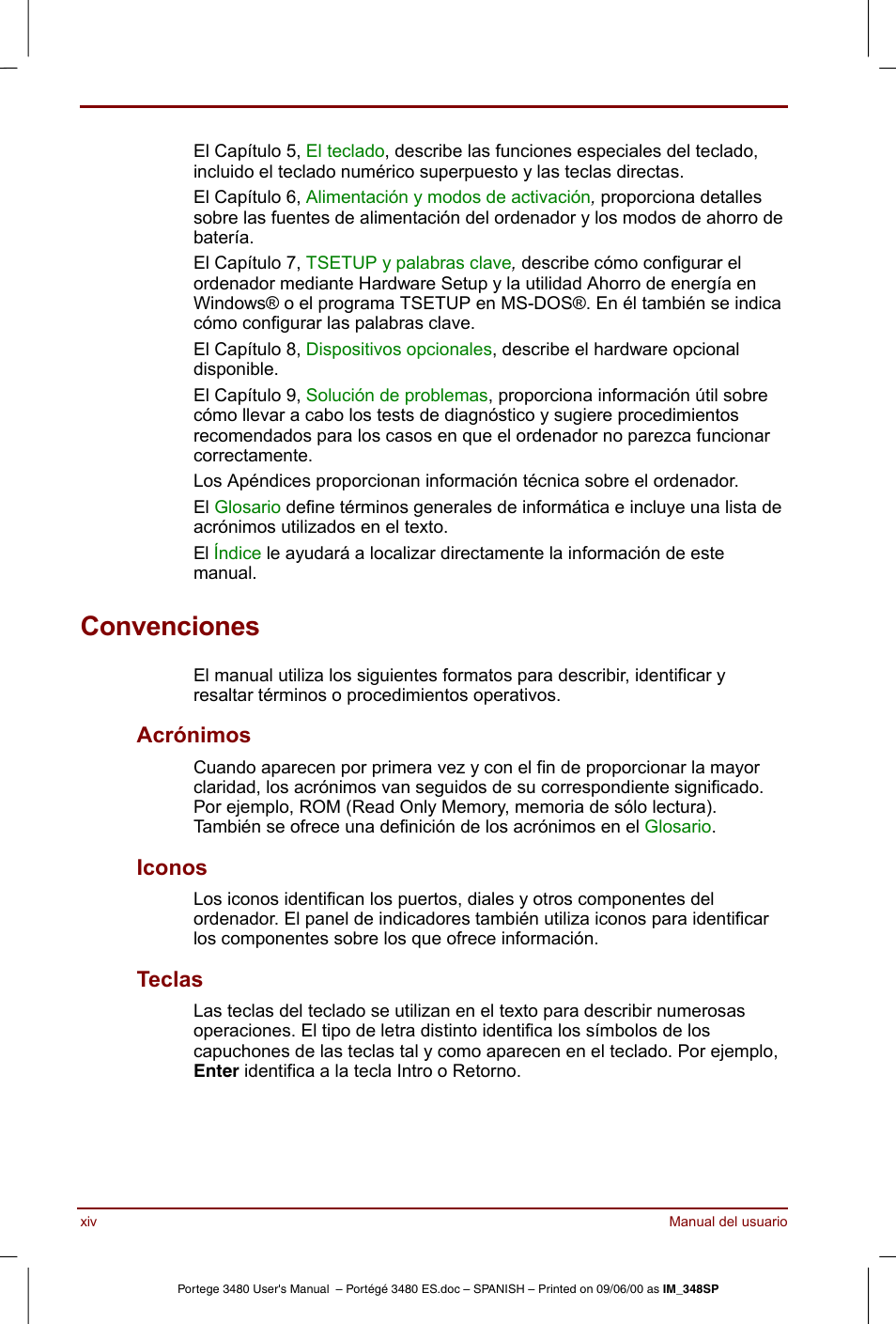 Convenciones, Acrónimos, Iconos | Teclas | Toshiba Portege 3440 User Manual | Page 14 / 213