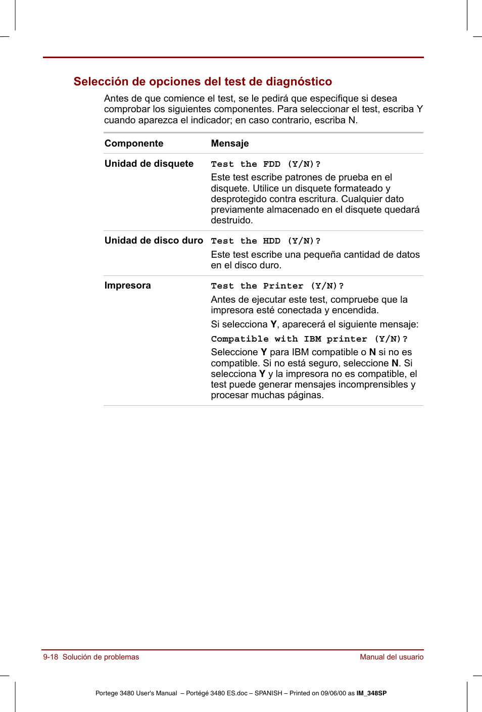 Selección de opciones del test de diagnóstico -18, Selección de opciones del test de diagnóstico | Toshiba Portege 3440 User Manual | Page 149 / 213