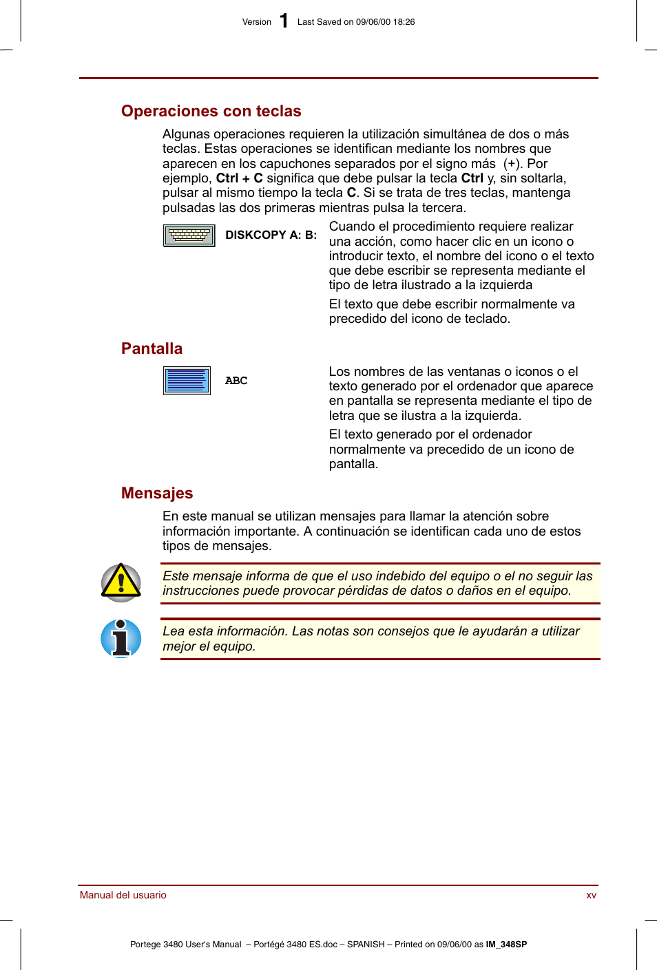 Operaciones con teclas, Pantalla, Mensajes | Toshiba Portege 3440 User Manual | Page 15 / 213