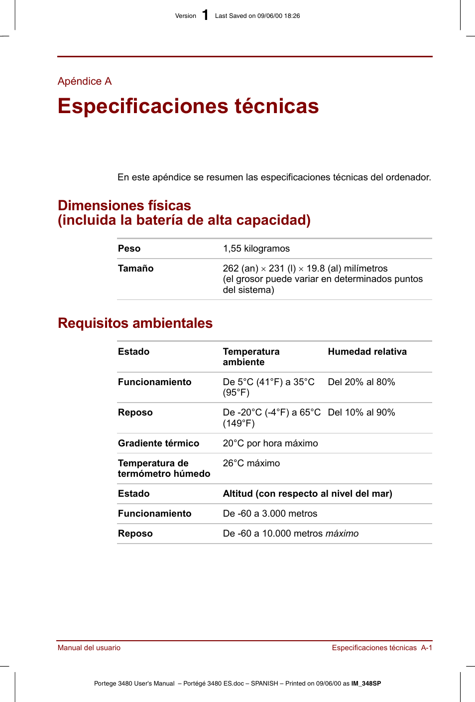 Apéndice a: especificaciones técnicas, Especificaciones técnicas, Requisitos ambientales | Toshiba Portege 3440 User Manual | Page 157 / 213