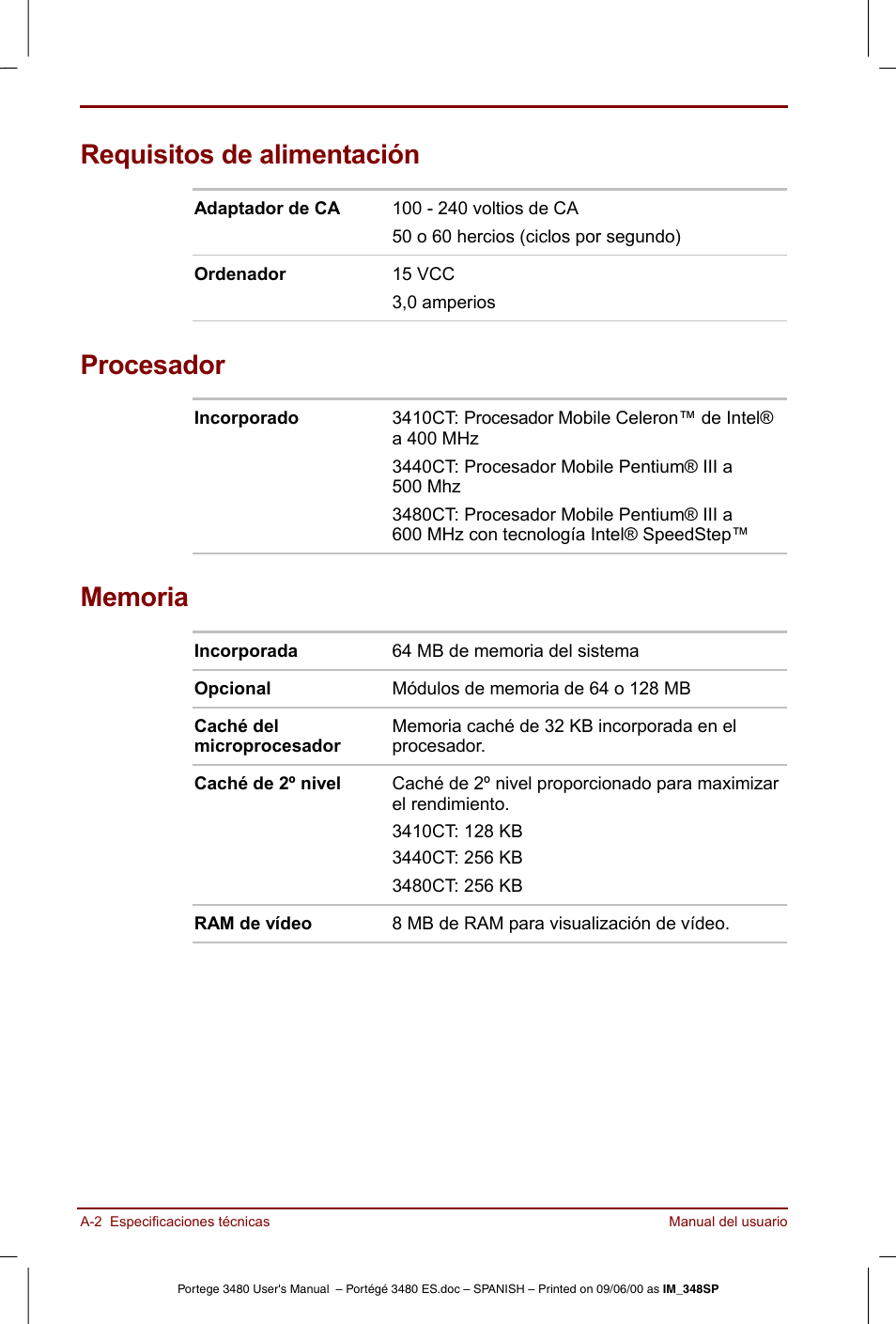 Requisitos de alimentación, Procesador | Toshiba Portege 3440 User Manual | Page 158 / 213