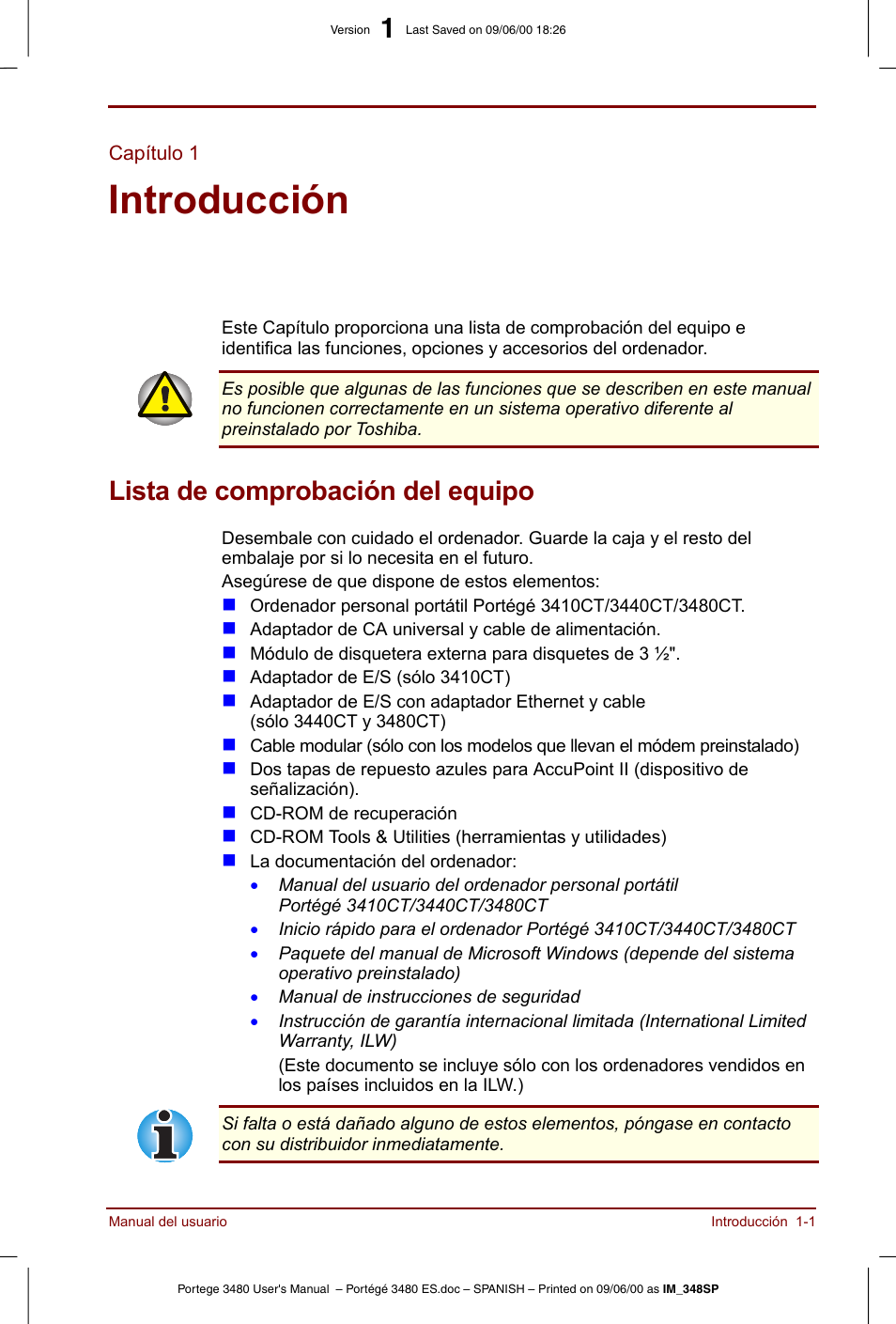 Capítulo 1: introducción, Lista de comprobación del equipo, Lista de comprobación del equipo -1 | Primer lugar la, Introducción, Es una introducción a las funciones | Toshiba Portege 3440 User Manual | Page 16 / 213
