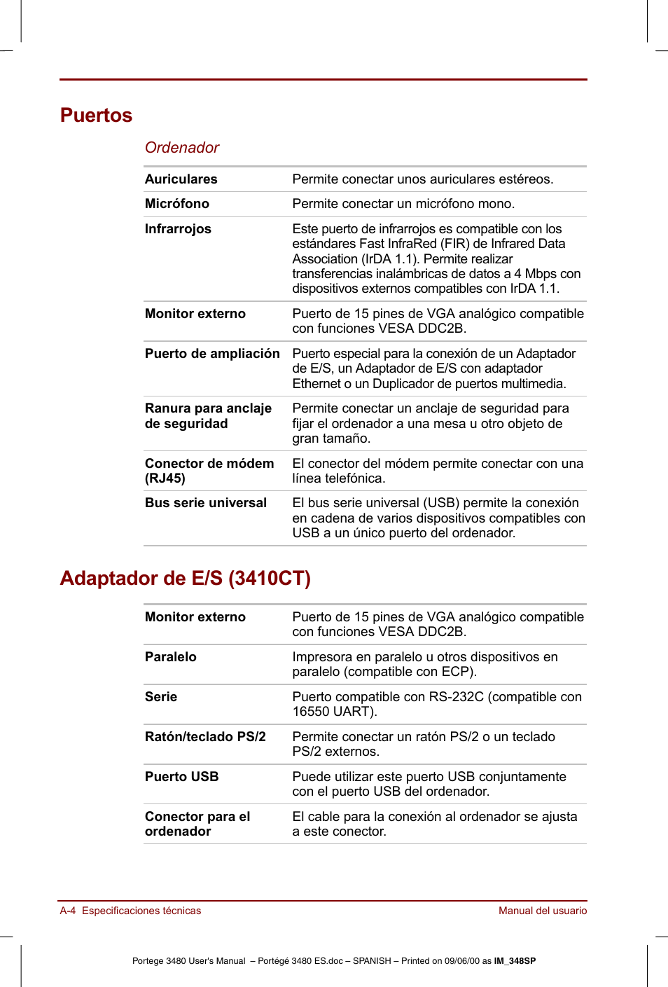 Adaptador de e/s (3410ct), Puertos | Toshiba Portege 3440 User Manual | Page 160 / 213