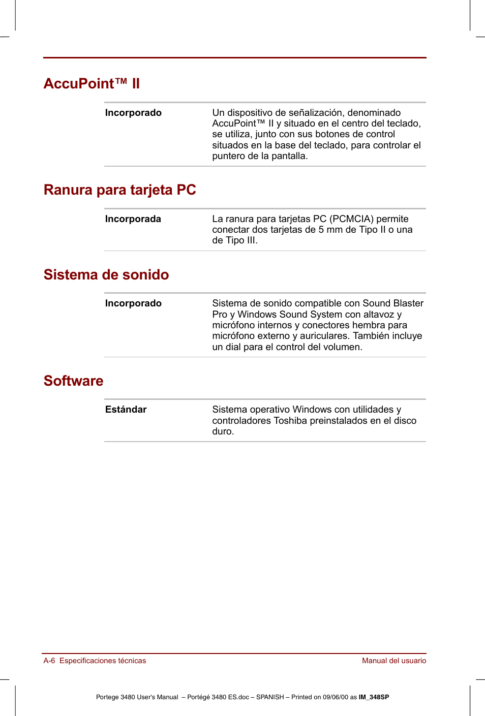 Accupoint™ ii, Ranura para tarjeta pc, Sistema de sonido | Software | Toshiba Portege 3440 User Manual | Page 162 / 213