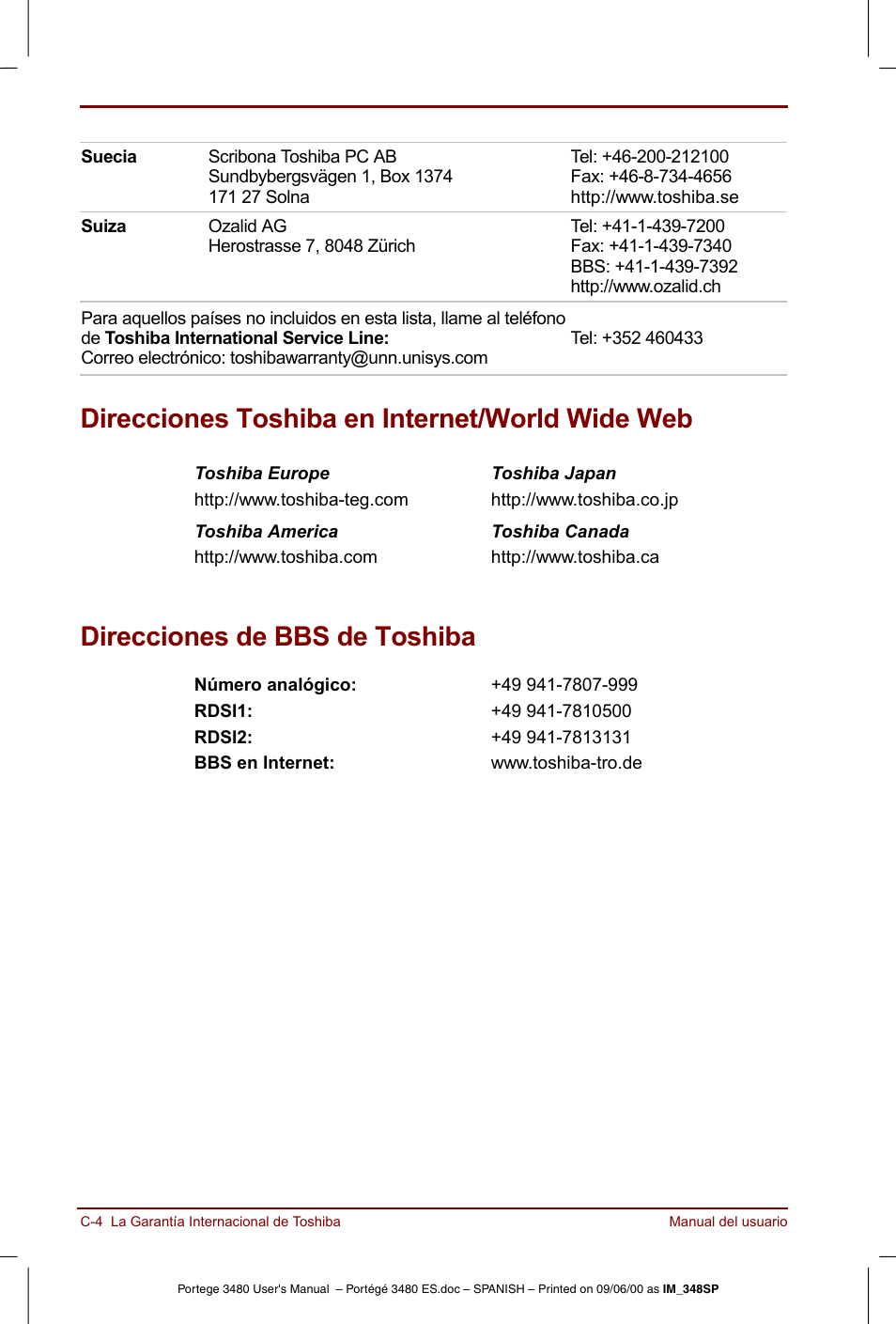 Direcciones toshiba en internet/world wide web, Direcciones de bbs de toshiba | Toshiba Portege 3440 User Manual | Page 170 / 213