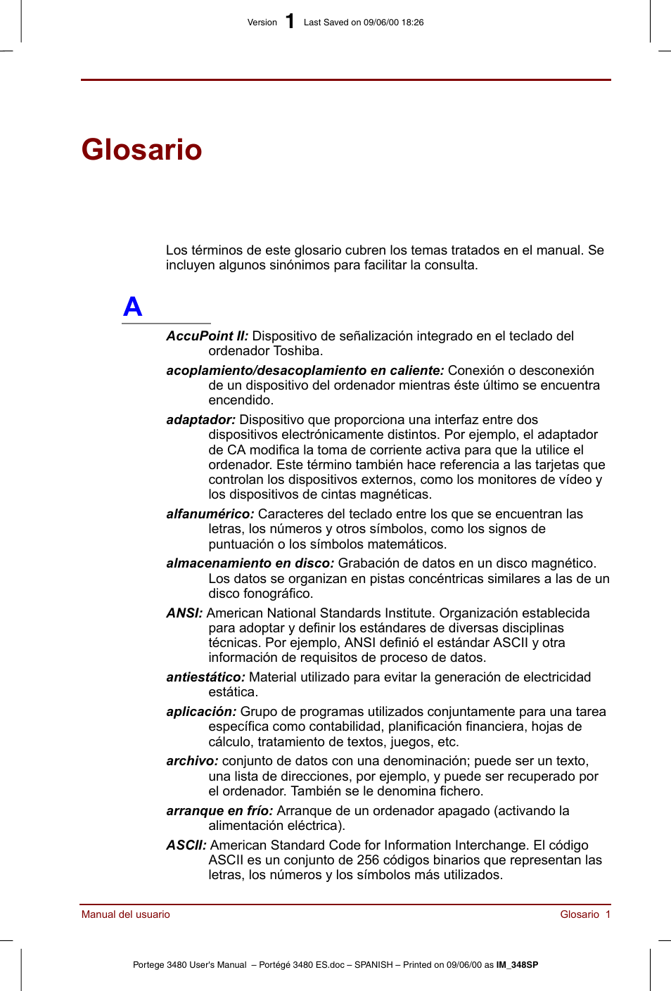 Glosario, Define términos generales de informática e incluy | Toshiba Portege 3440 User Manual | Page 193 / 213