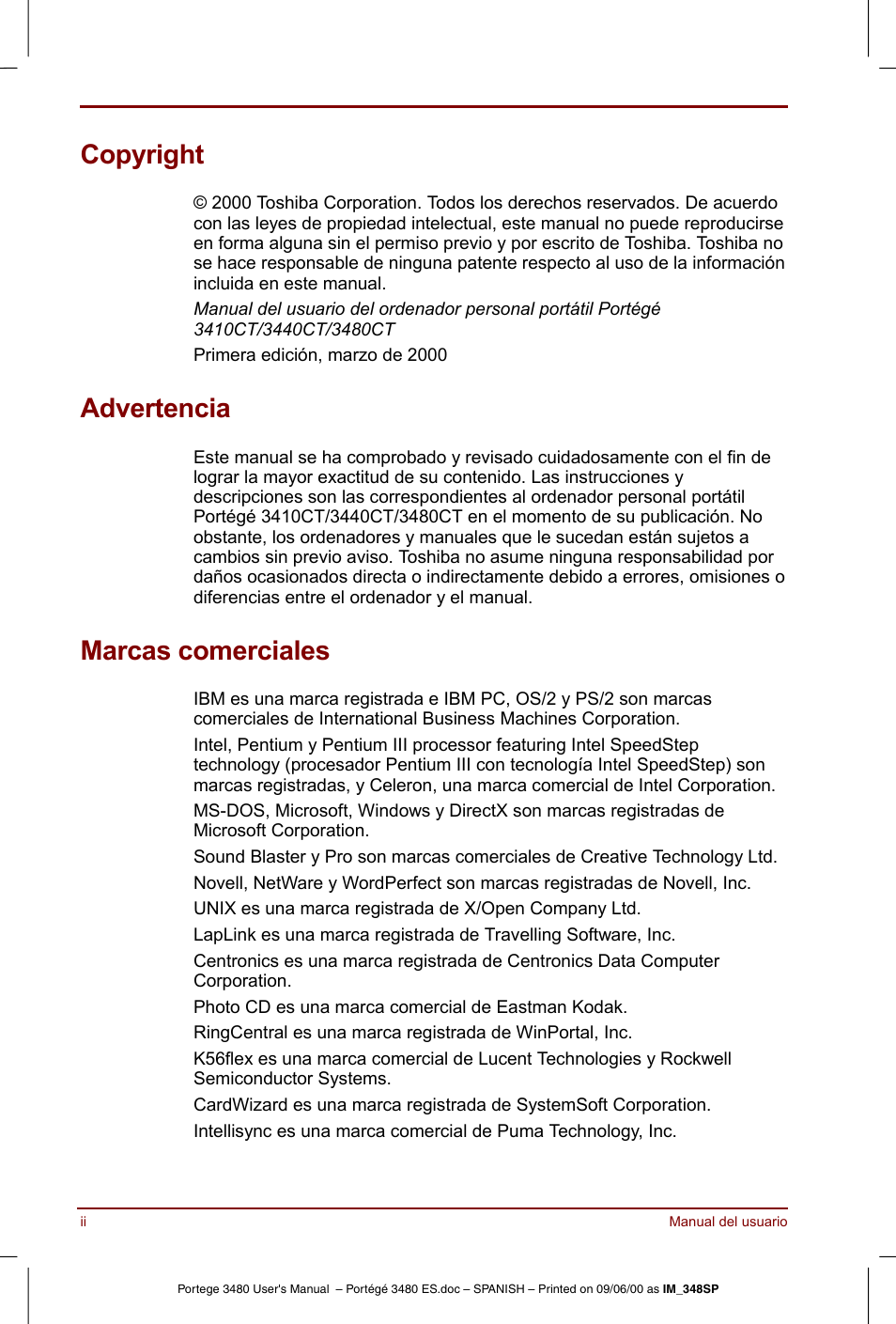 Copyright, Advertencia, Marcas comerciales | Toshiba Portege 3440 User Manual | Page 2 / 213