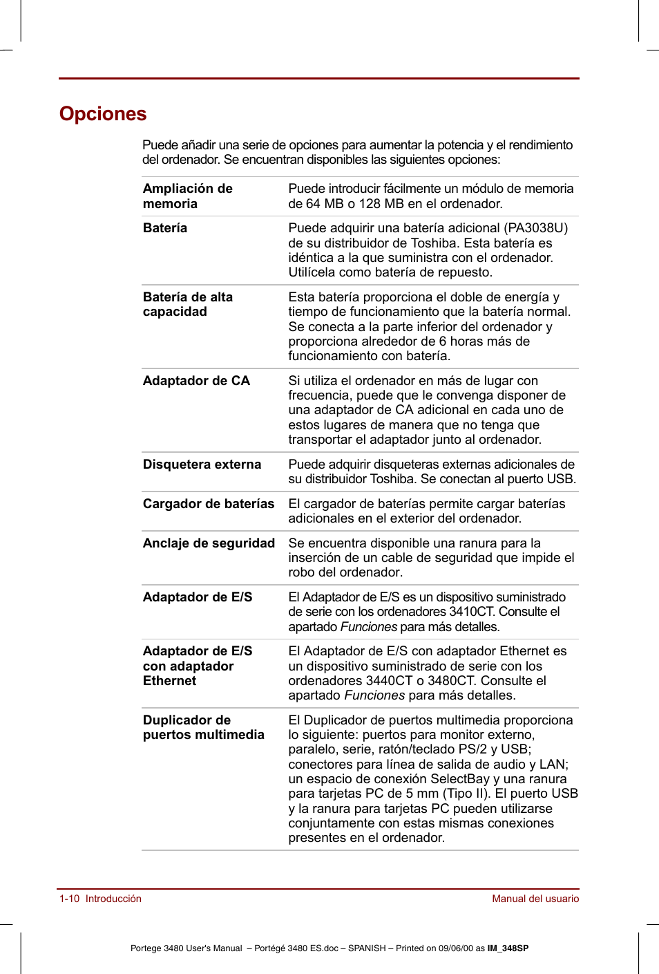 Opciones, Opciones -10 | Toshiba Portege 3440 User Manual | Page 25 / 213