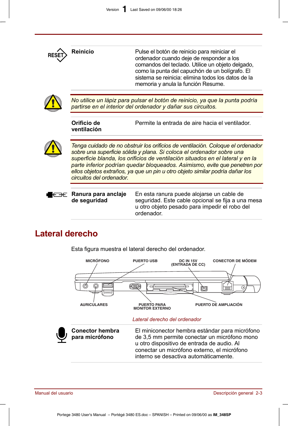 Lateral derecho, Lateral derecho -3 | Toshiba Portege 3440 User Manual | Page 28 / 213