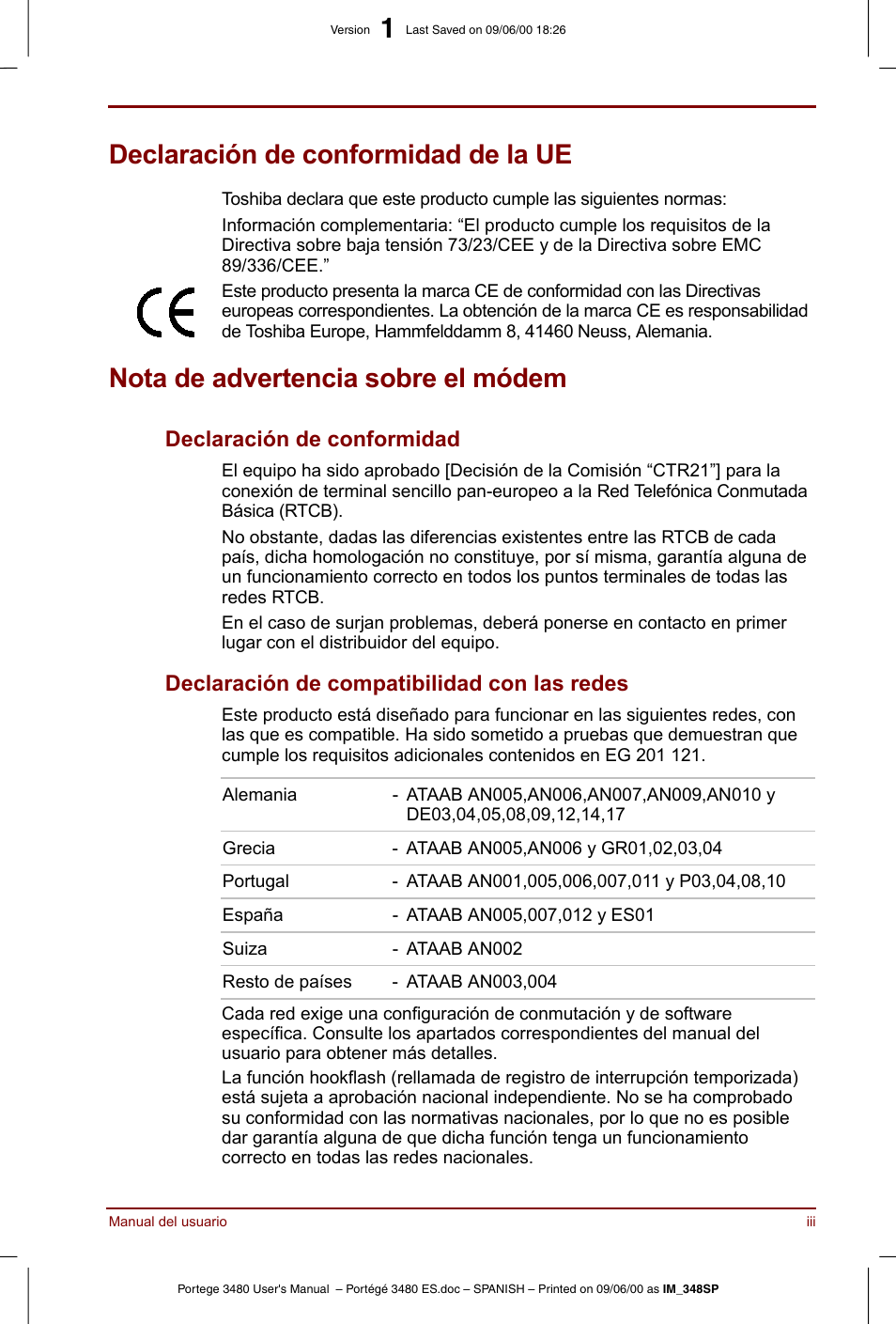 Declaración de conformidad de la ue, Nota de advertencia sobre el módem, Declaración de conformidad | Declaración de compatibilidad con las redes | Toshiba Portege 3440 User Manual | Page 3 / 213