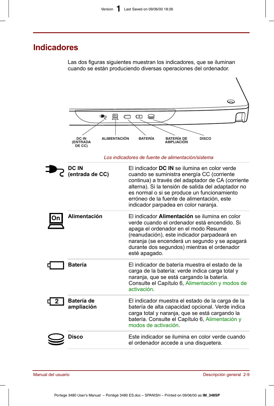 Indicadores, Indicadores -9 | Toshiba Portege 3440 User Manual | Page 34 / 213