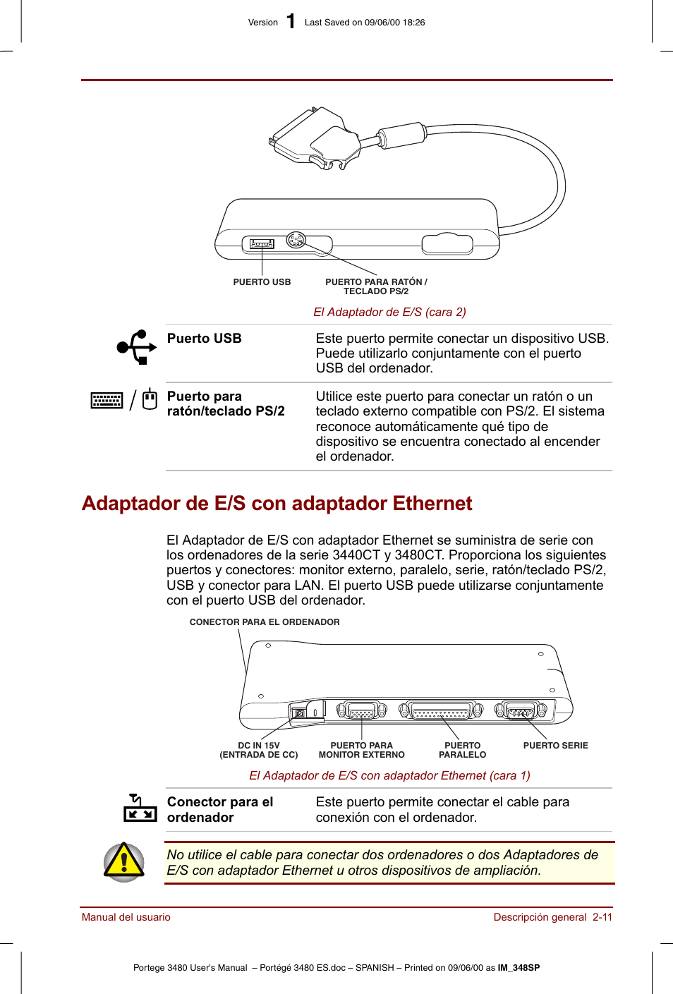 Adaptador de e/s con adaptador ethernet, Adaptador de e/s con adaptador ethernet -11 | Toshiba Portege 3440 User Manual | Page 36 / 213