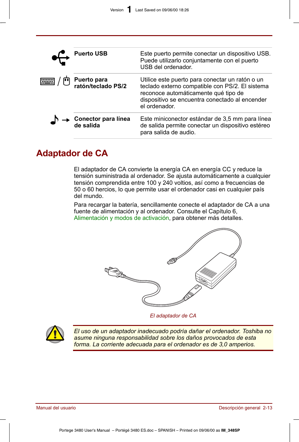 Adaptador de ca, Adaptador de ca -13 | Toshiba Portege 3440 User Manual | Page 38 / 213