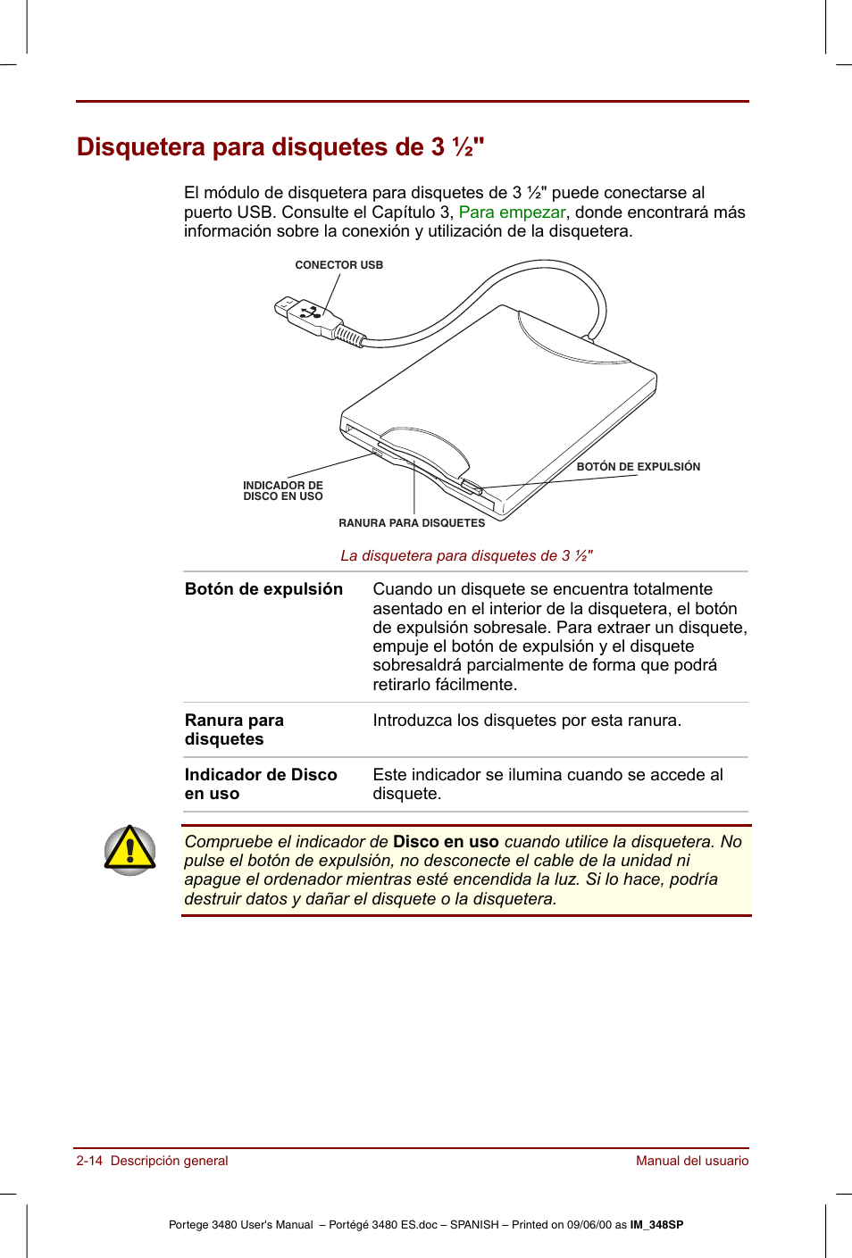 Disquetera para disquetes de 3, Disquetera para disquetes de 3 ½" -14 | Toshiba Portege 3440 User Manual | Page 39 / 213