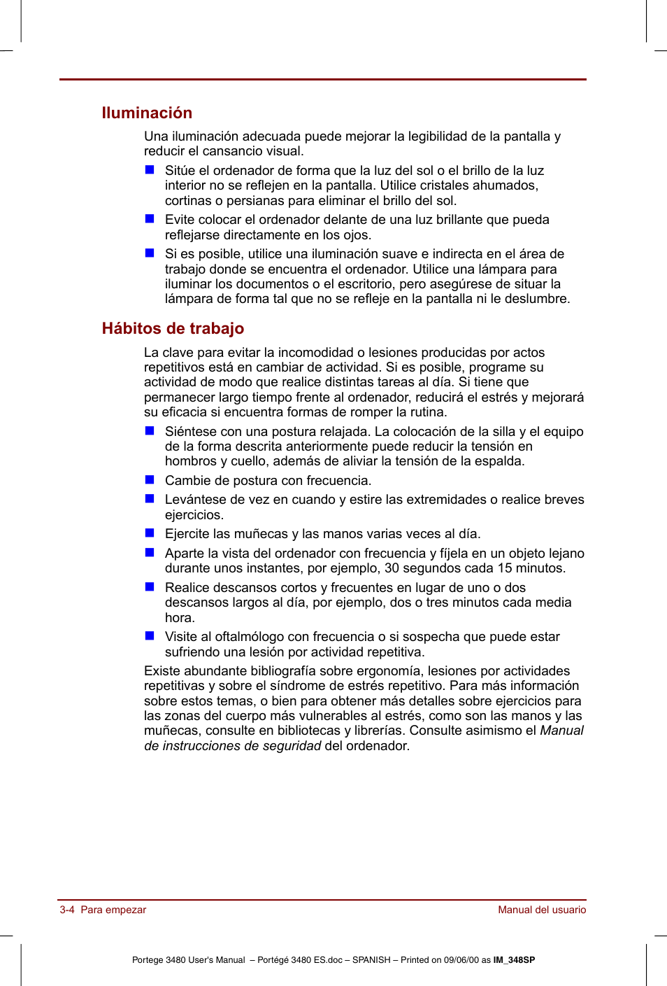 Iluminación -4 hábitos de trabajo -4, Iluminación, Hábitos de trabajo | Toshiba Portege 3440 User Manual | Page 43 / 213