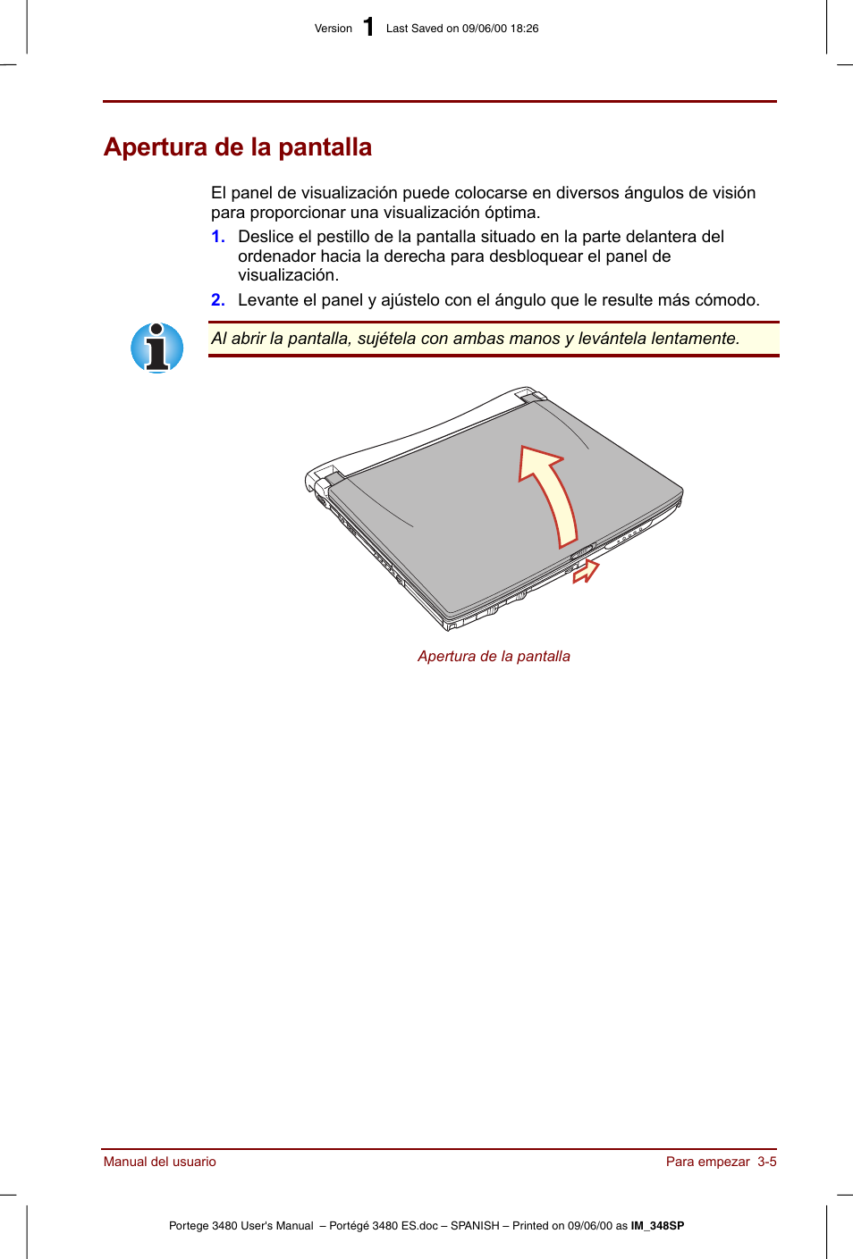 Apertura de la pantalla, Apertura de la pantalla -5 | Toshiba Portege 3440 User Manual | Page 44 / 213