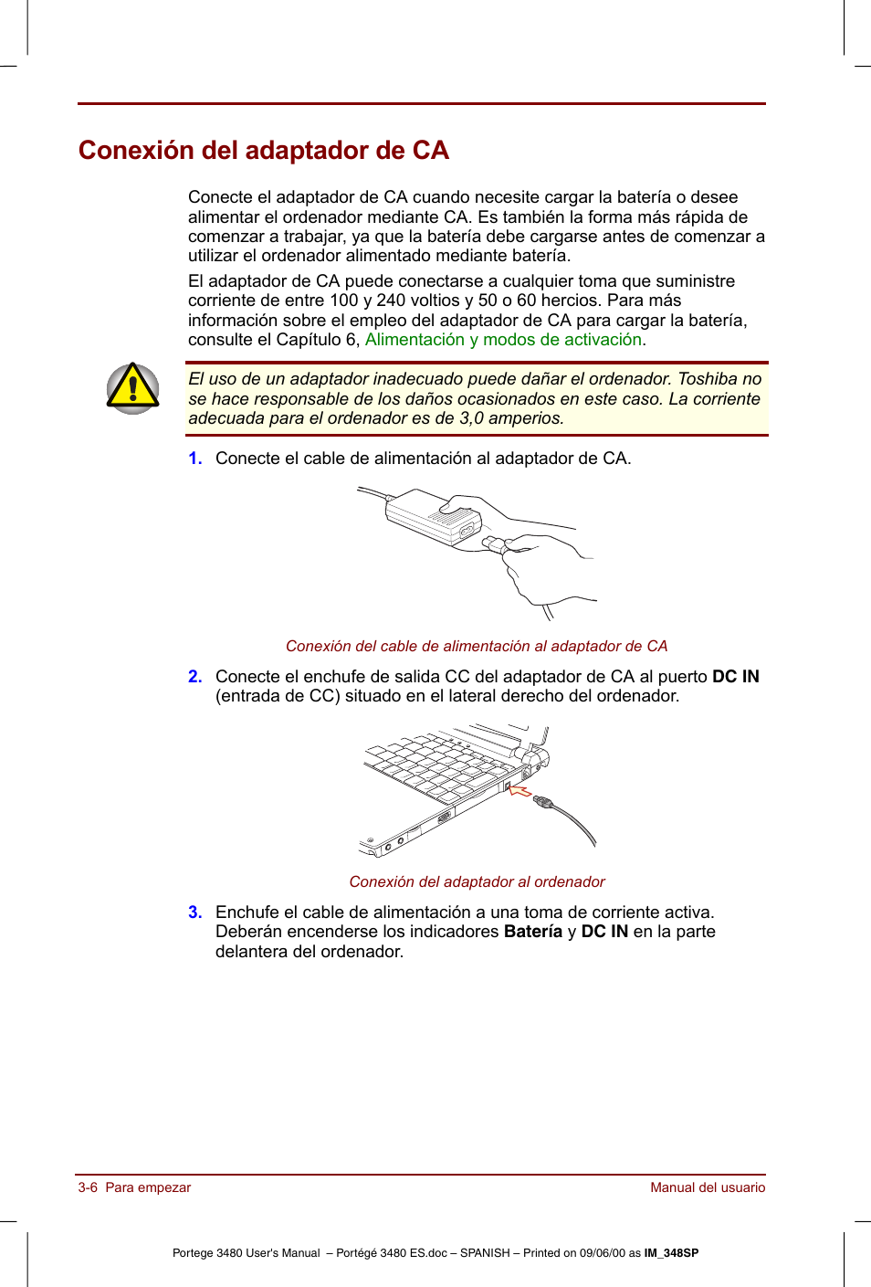 Conexión del adaptador de ca, Conexión del adaptador de ca -6 | Toshiba Portege 3440 User Manual | Page 45 / 213