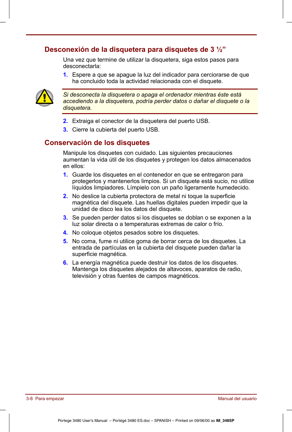 Desconexión de la disquetera para disquetes de 3, Conservación de los disquetes | Toshiba Portege 3440 User Manual | Page 47 / 213