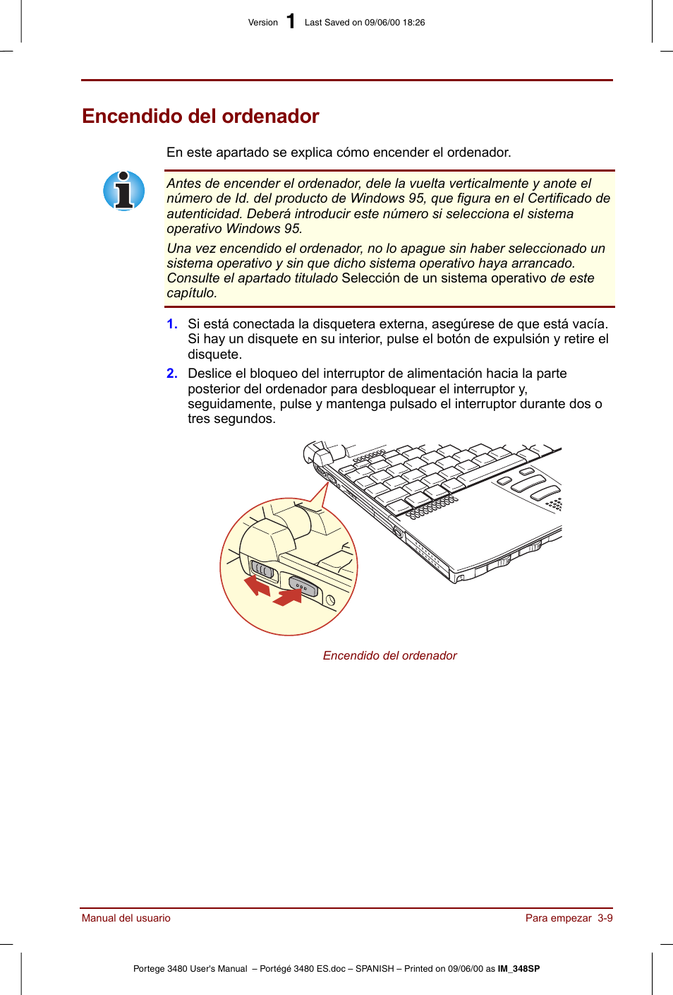 Encendido del ordenador, Encendido del ordenador -9 | Toshiba Portege 3440 User Manual | Page 48 / 213