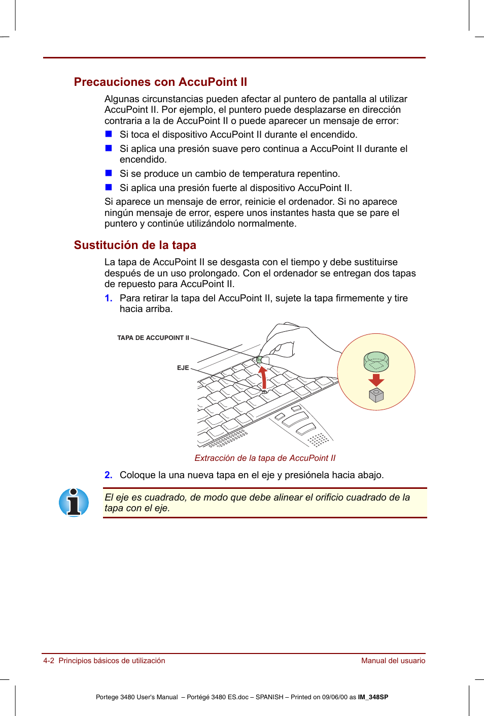 Precauciones con accupoint ii, Sustitución de la tapa | Toshiba Portege 3440 User Manual | Page 53 / 213