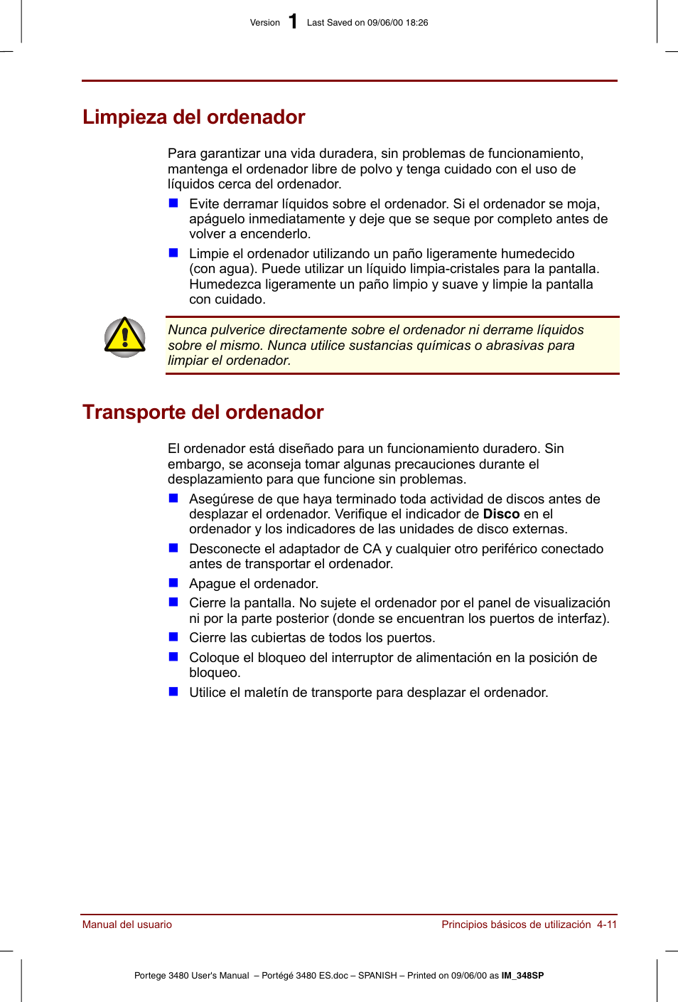 Limpieza del ordenador, Transporte del ordenador | Toshiba Portege 3440 User Manual | Page 62 / 213