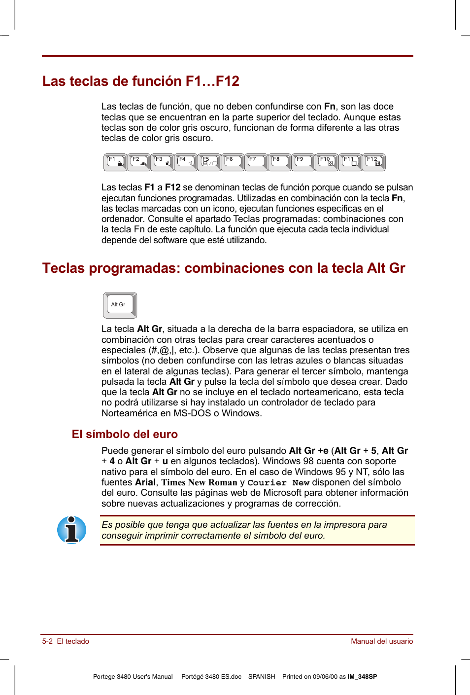 Las teclas de función f1…f12, El símbolo del euro -2, El símbolo del euro | Toshiba Portege 3440 User Manual | Page 65 / 213
