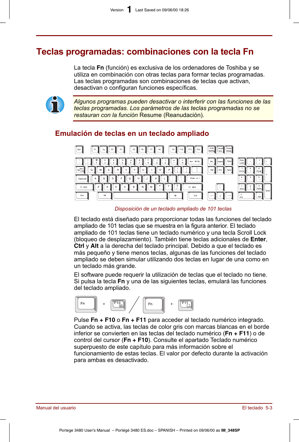 Teclas programadas: combinaciones con la tecla fn, Emulación de teclas en un teclado ampliado -3, Emulación de teclas en un teclado ampliado | Toshiba Portege 3440 User Manual | Page 66 / 213