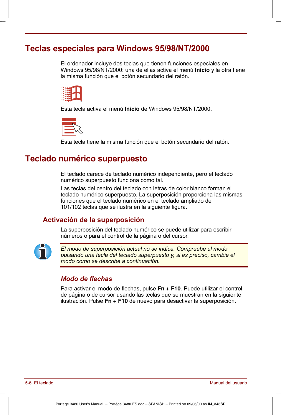 Teclas especiales para windows 95/98/nt/2000, Teclado numérico superpuesto, Teclas especiales para windows 95/98/nt/2000 -6 | Teclado numérico superpuesto -6, Activación de la superposición -6, Activación de la superposición | Toshiba Portege 3440 User Manual | Page 69 / 213